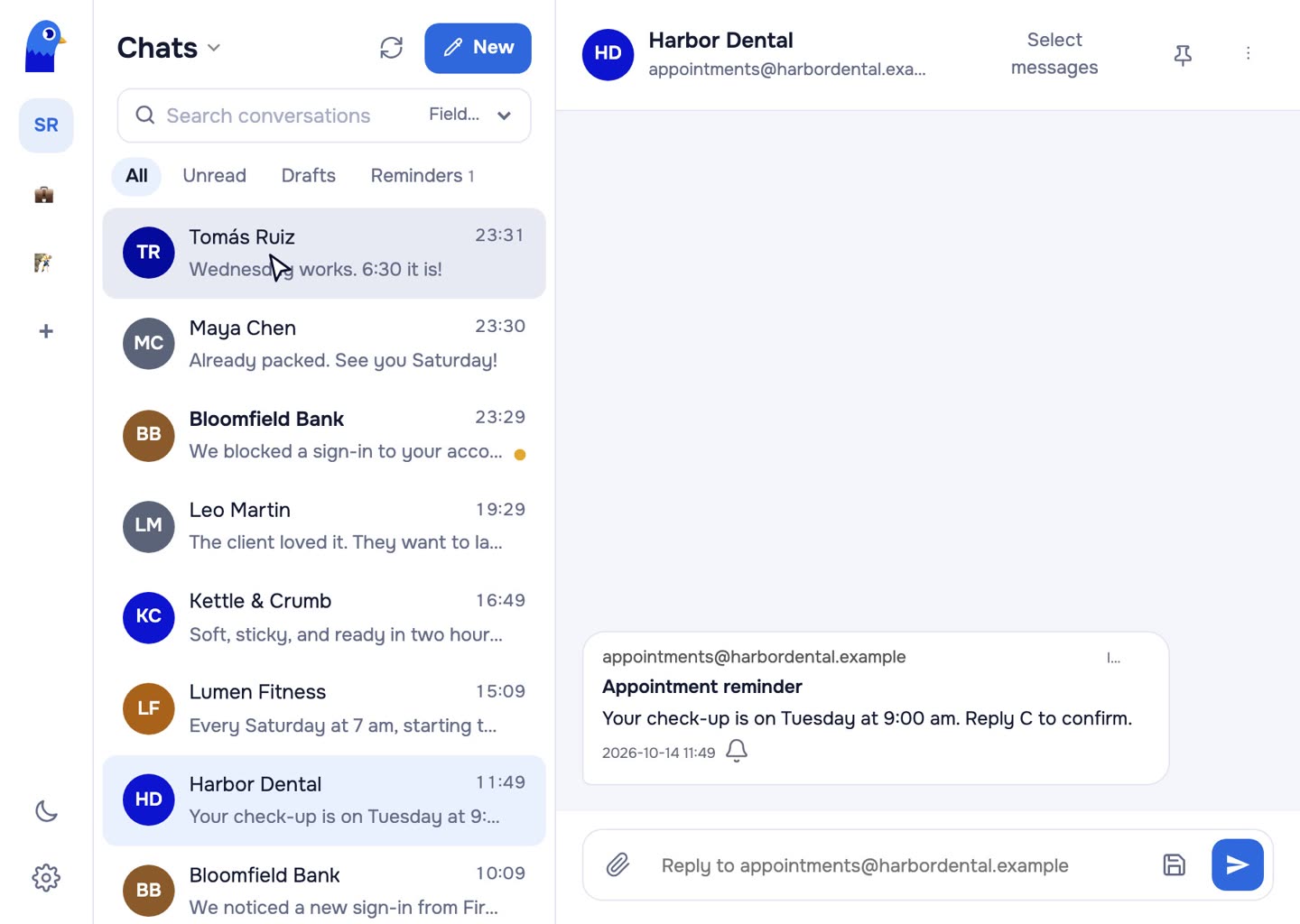 The Reminders tab listing the dentist's message.