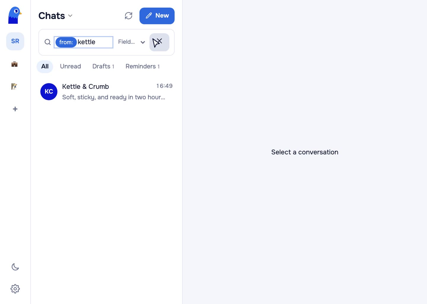 A From search for kettle narrowing the list to one chat.