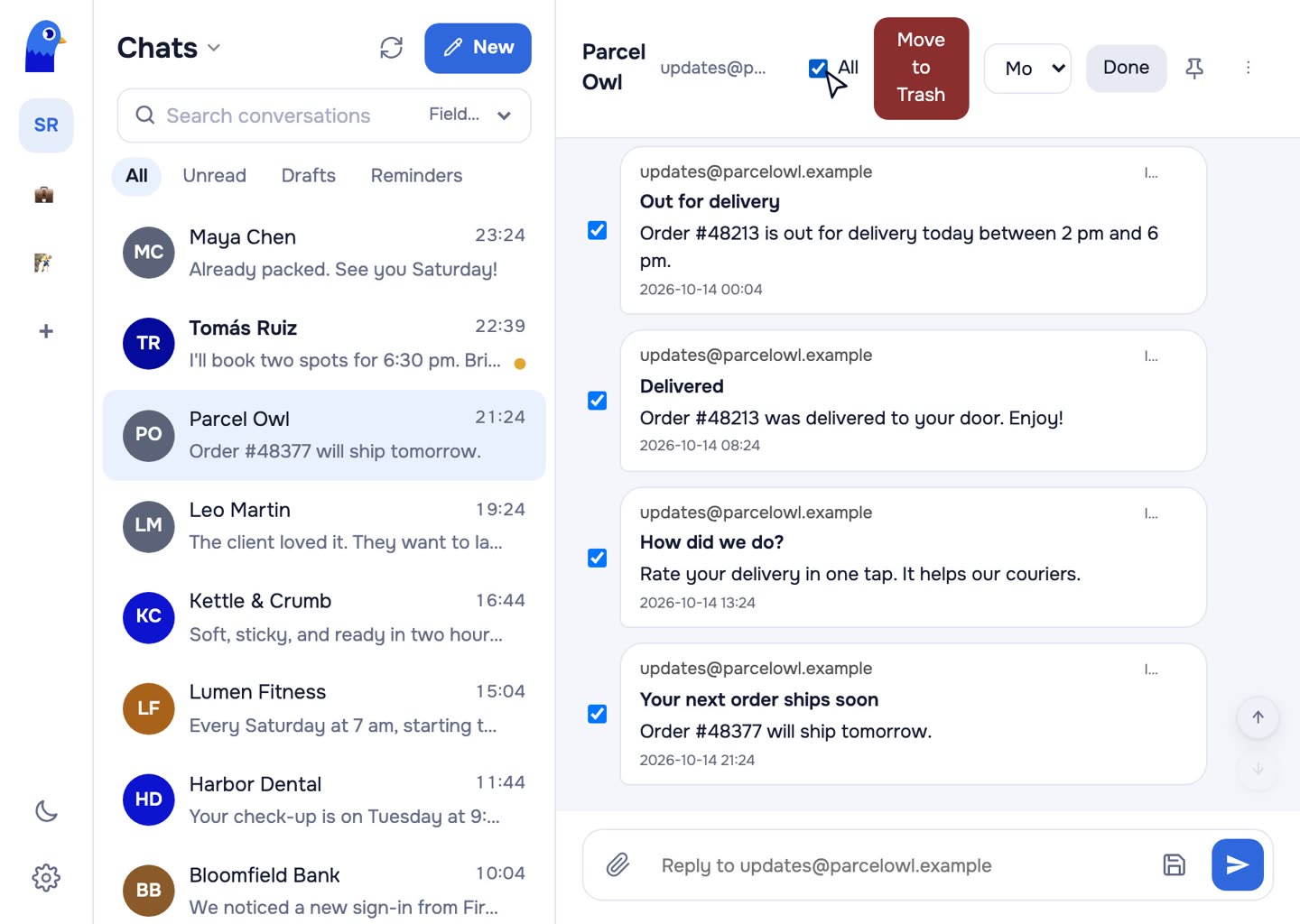 Selecting every message in the Parcel Owl chat and moving them all to Trash.