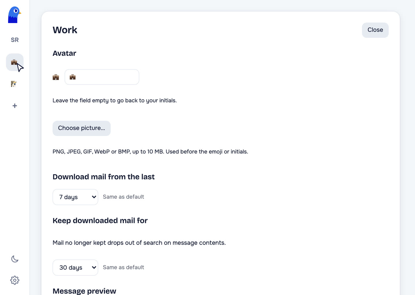The sidebar with one icon per account, and the settings of the Work account: its avatar and how much mail to download.