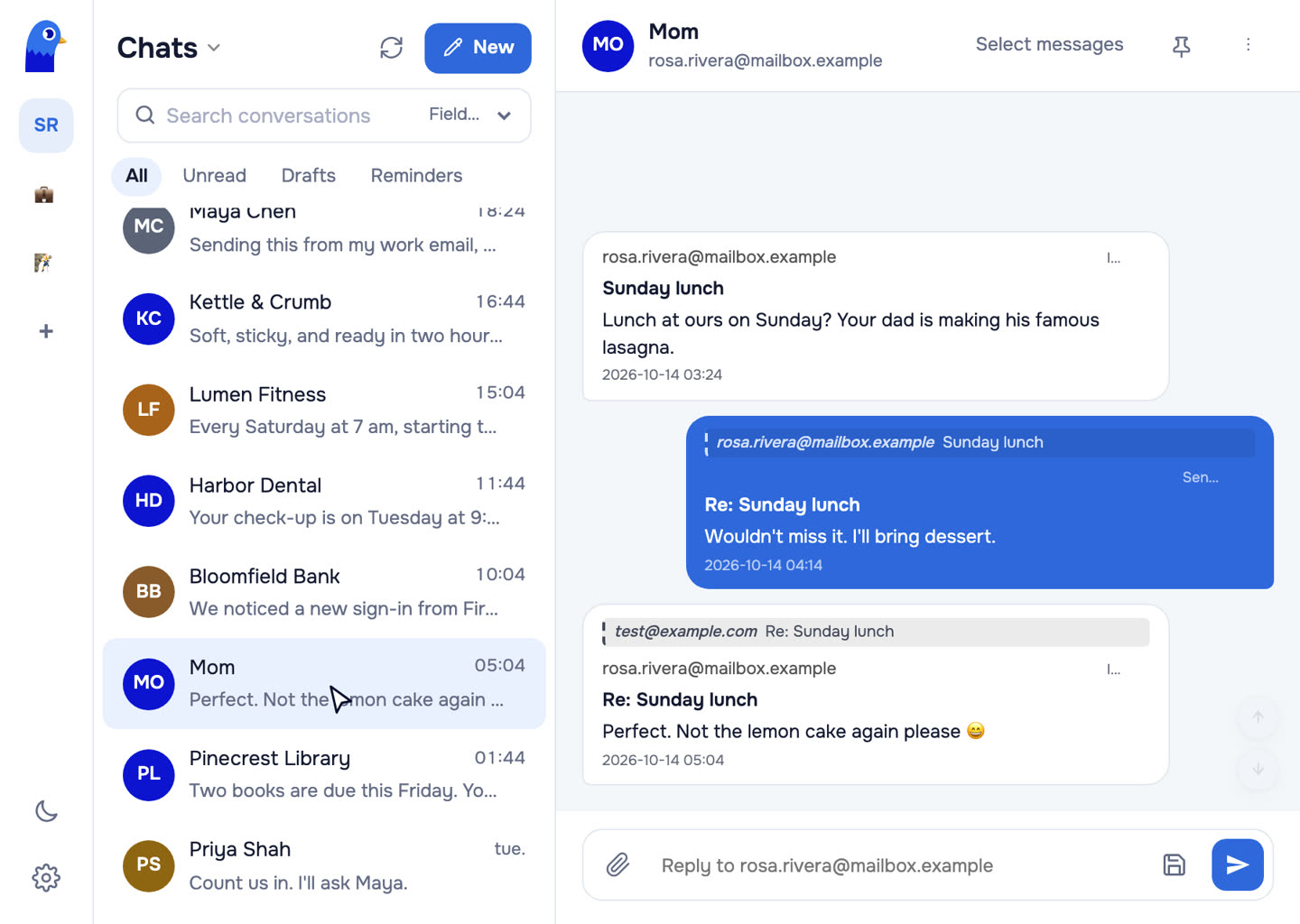 A chat with Mom: her emails on the left, the reply on the right in blue.