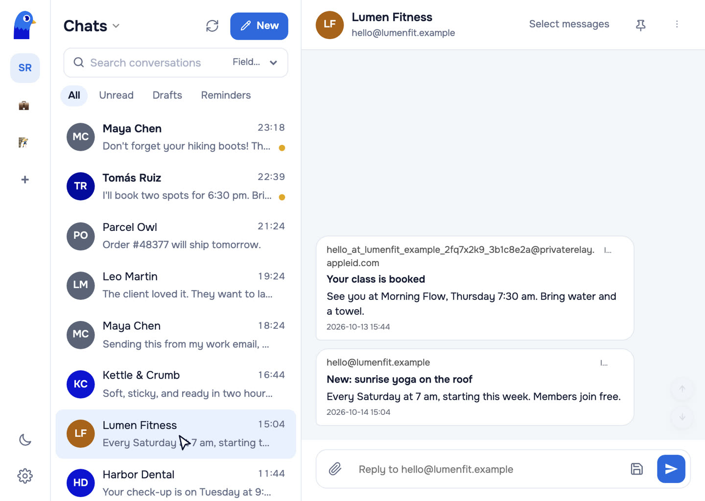 One Lumen Fitness chat holding an email from a privaterelay.appleid.com address and one from lumenfit.example.